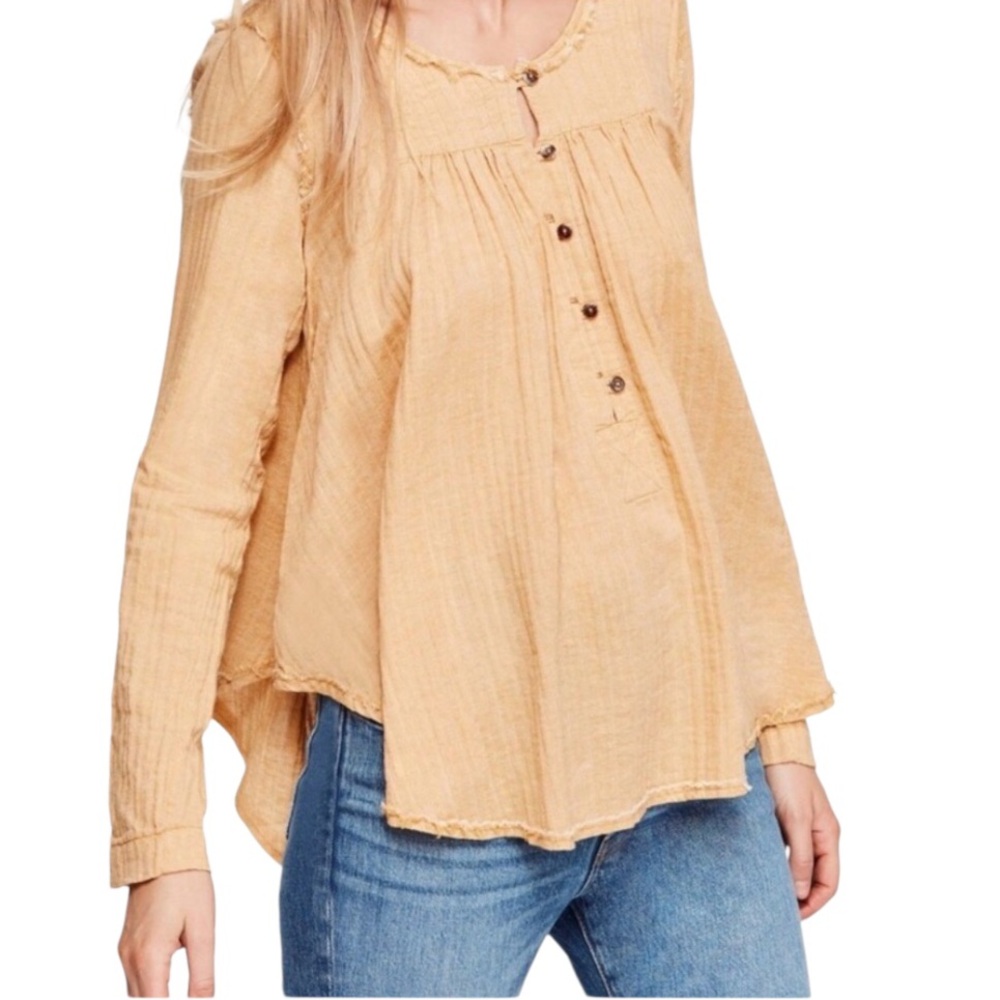 FP We The Free Sand Dune Henley Sm Gauze Button Down Tunic Mustard Yellow Boho